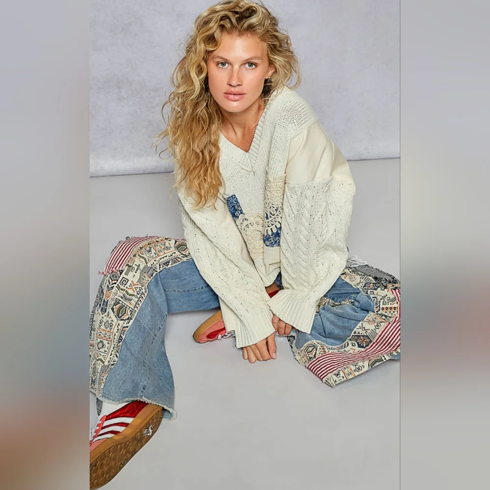 #801 POL Patchwork Detailed Oversized Sweater - Picture 2 of 8